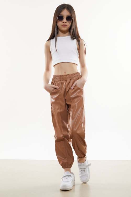 Kahve Beli Lastikli Jogger Model Kız Deri Pantolon 18051