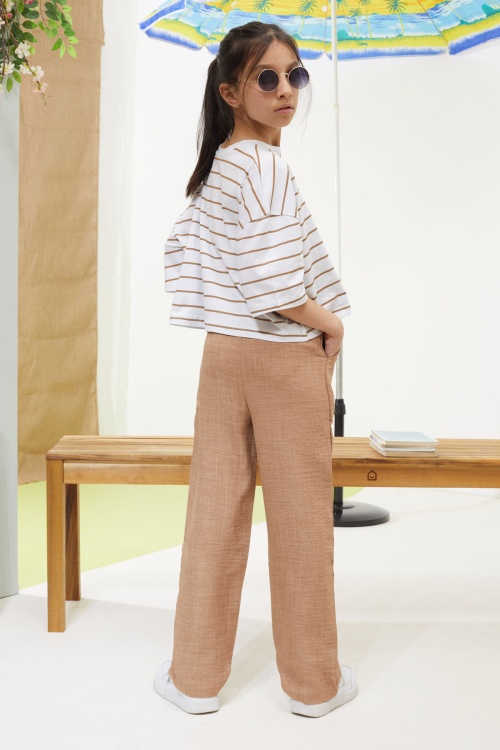 Kahve Çizgili Oversize Tişörtlü Pantolonlu Kız Çocuk Takım 18621