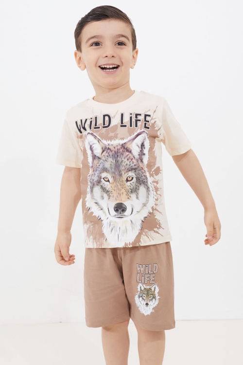 Kahve Kurt Baskı Bisiklet Yaka Erkek Çocuk Şortlu Takım 18681