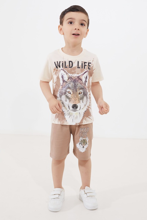 Kahve Kurt Baskı Bisiklet Yaka Erkek Çocuk Şortlu Takım 18681