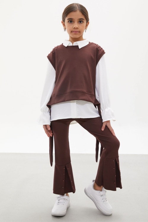 Kahve Süveterli Gömlekli Boncuk Detaylı Yırtmaçlı Taytlı Kız Çocuk Takım 18170