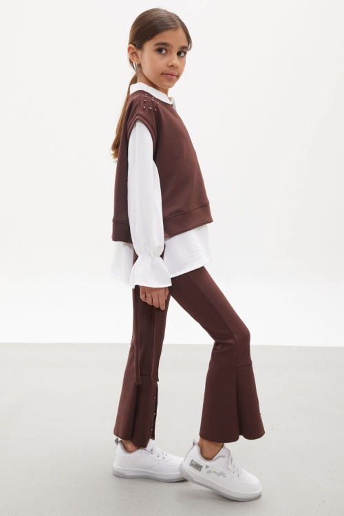 Kahve Süveterli Gömlekli Boncuk Detaylı Yırtmaçlı Taytlı Kız Çocuk Takım 18170