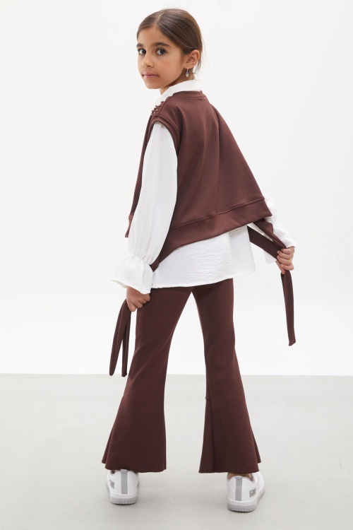 Kahve Süveterli Gömlekli Boncuk Detaylı Yırtmaçlı Taytlı Kız Çocuk Takım 18170