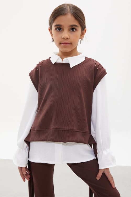 Kahve Süveterli Gömlekli Boncuk Detaylı Yırtmaçlı Taytlı Kız Çocuk Takım 18170