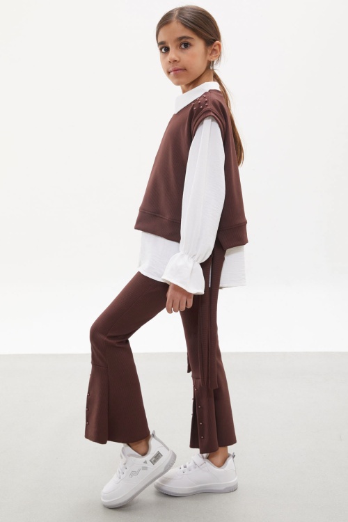 Kahve Süveterli Gömlekli Boncuk Detaylı Yırtmaçlı Taytlı Kız Çocuk Takım 18170