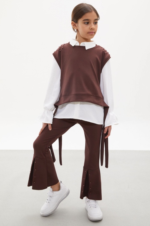 Kahve Süveterli Gömlekli Boncuk Detaylı Yırtmaçlı Taytlı Kız Çocuk Takım 18170