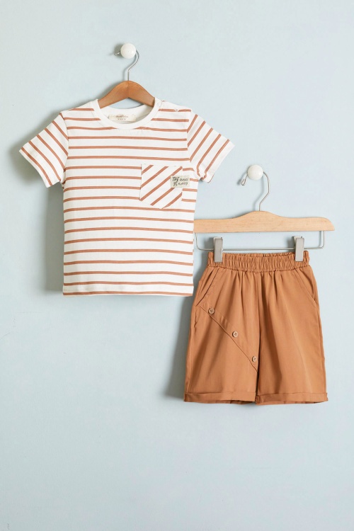 Kahverengi Çizgili Tişörtlü Jean Şortlu Erkek Bebek Takımı 18520