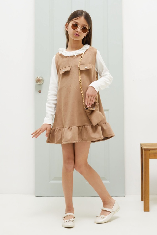 Kahverengi Dantel Yaka Badili Çantalı Kız Çocuk Süet Elbise 18590