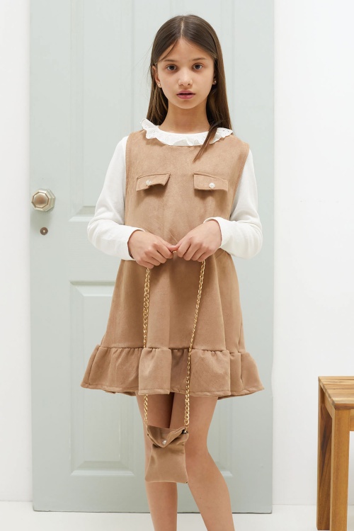 Kahverengi Dantel Yaka Badili Çantalı Kız Çocuk Süet Elbise 18590