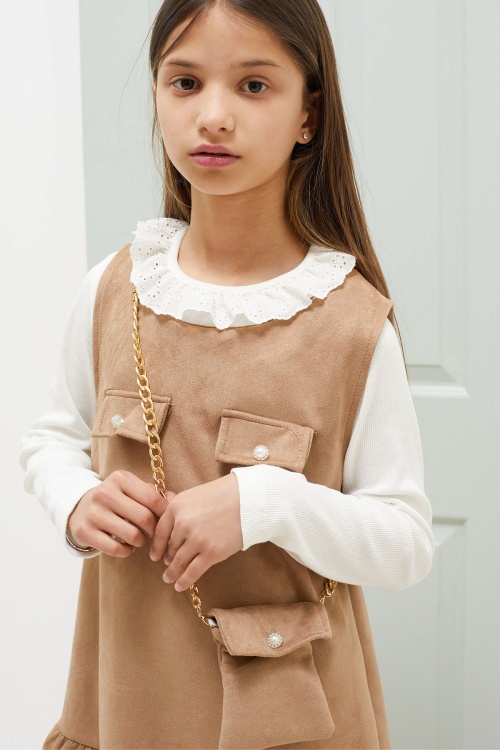 Kahverengi Dantel Yaka Badili Çantalı Kız Çocuk Süet Elbise 18590