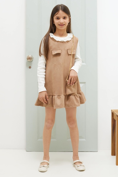 Kahverengi Dantel Yaka Badili Çantalı Kız Çocuk Süet Elbise 18590