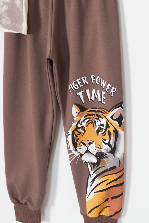 Kahverengi Kaplan Baskılı Tişörtlü Erkek Çocuk Takım 18014