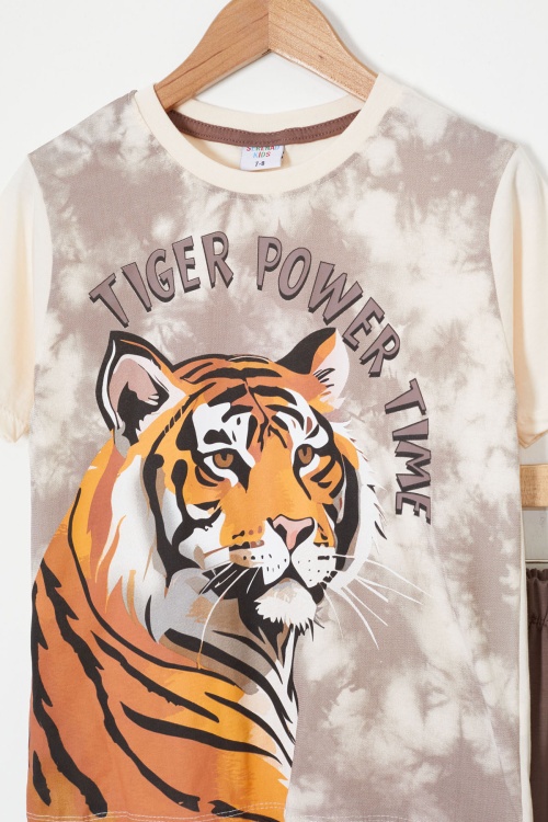 Kahverengi Kaplan Baskılı Tişörtlü Erkek Çocuk Takım 18014