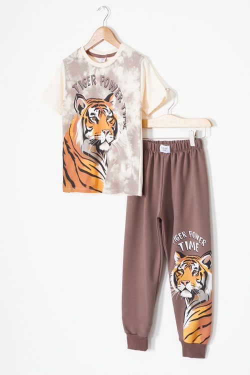 Kahverengi Kaplan Baskılı Tişörtlü Erkek Çocuk Takım 18014