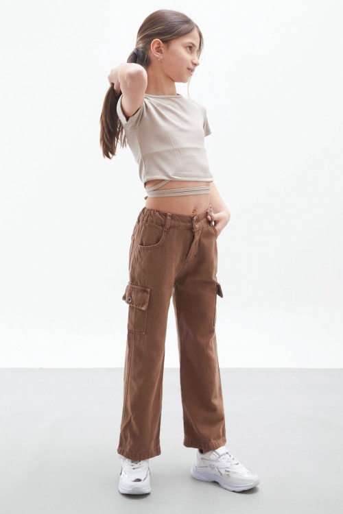 Kahverengi Kargo Cepli Geniş Paça Kız Çocuk Jean Pantolon 18116