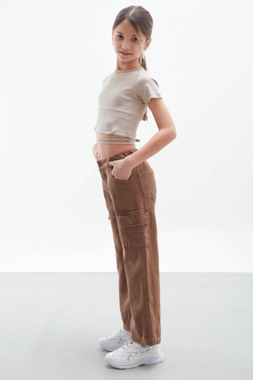 Kahverengi Kargo Cepli Geniş Paça Kız Çocuk Jean Pantolon 18116