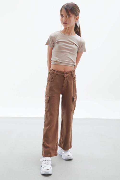 Kahverengi Kargo Cepli Geniş Paça Kız Çocuk Jean Pantolon 18116