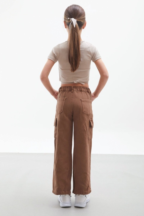 Kahverengi Kargo Cepli Geniş Paça Kız Çocuk Jean Pantolon 18116