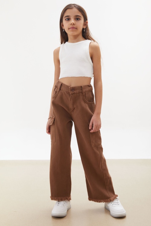 Kahverengi Kargo Cepli Püsküllü Geniş Paça Kız Jean Pantolon 18233