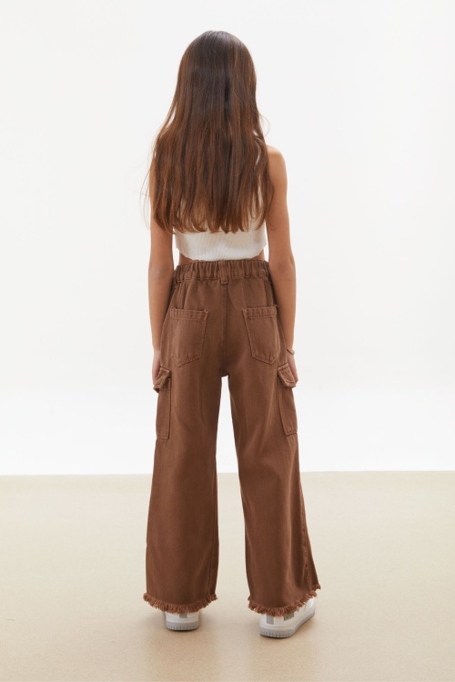 Kahverengi Kargo Cepli Püsküllü Geniş Paça Kız Jean Pantolon 18233