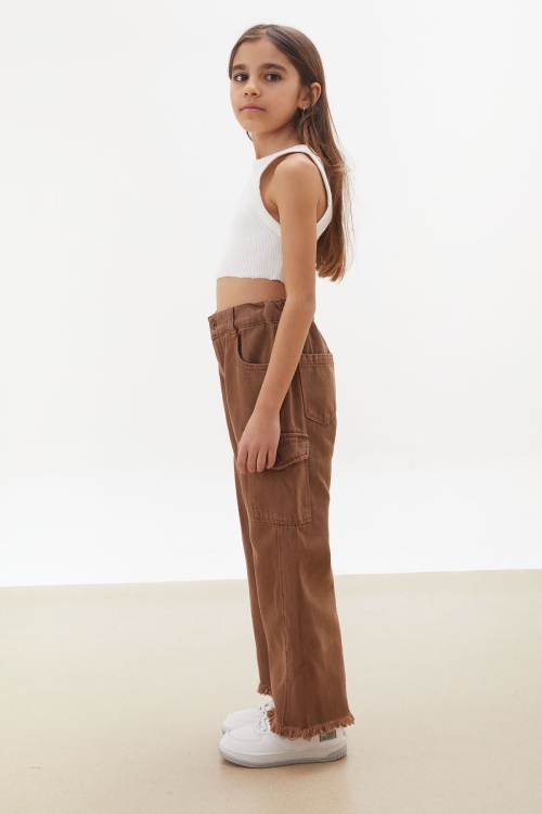 Kahverengi Kargo Cepli Püsküllü Geniş Paça Kız Jean Pantolon 18233