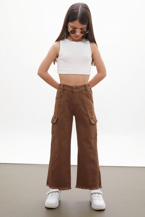 Kahverengi Kargo Cepli Püsküllü Geniş Paça Kız Jean Pantolon 13-17 Yaş 18252