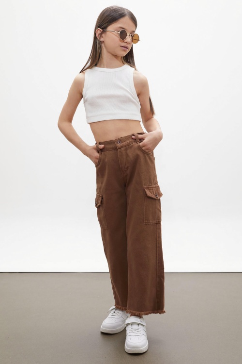 Kahverengi Kargo Cepli Püsküllü Geniş Paça Kız Jean Pantolon 13-17 Yaş 18252