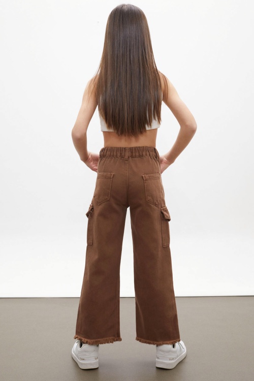 Kahverengi Kargo Cepli Püsküllü Geniş Paça Kız Jean Pantolon 13-17 Yaş 18252