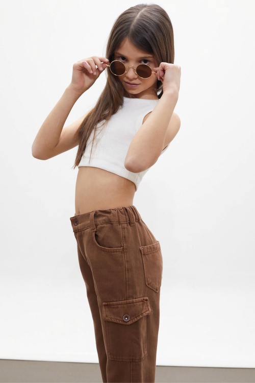 Kahverengi Kargo Cepli Püsküllü Geniş Paça Kız Jean Pantolon 13-17 Yaş 18252