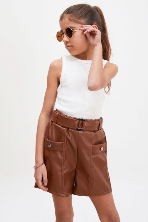 Kahverengi Kemerli Ön Cepli Kız Çocuk Deri Şort 18218