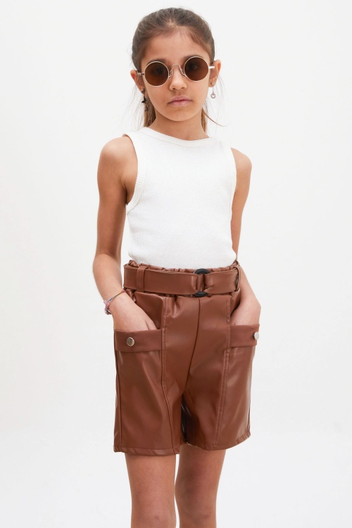 Kahverengi Kemerli Ön Cepli Kız Çocuk Deri Şort 18218