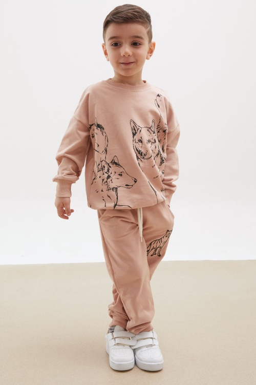 Kahverengi Kurt Baskılı Erkek Çocuk Eşofman Takımı 17924