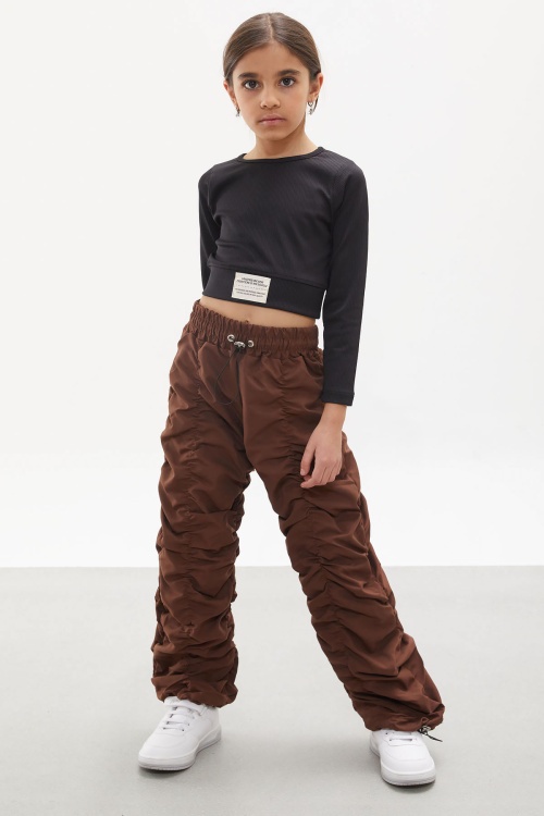 Kahverengi Şerit Dikişli Kız Paraşüt Pantolon 18002