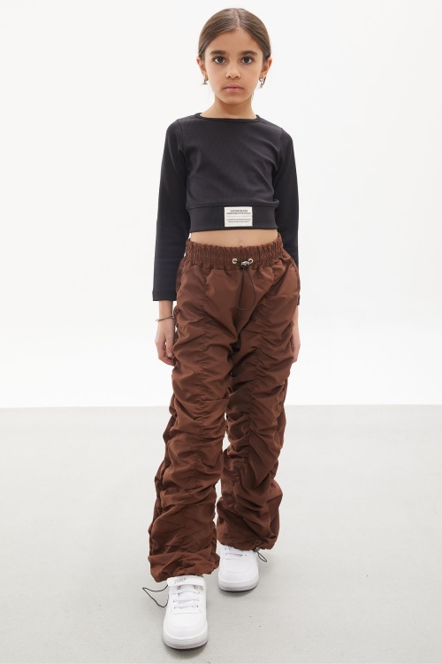 Kahverengi Şerit Dikişli Kız Paraşüt Pantolon 18002