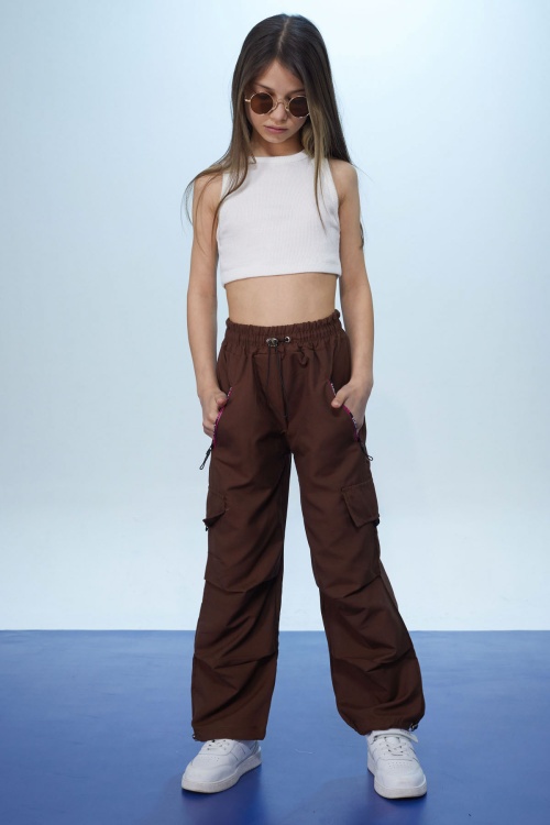Kahverengi Şeritli Fermuarlı Kargo Cepli Kız Paraşüt Pantolon 18470