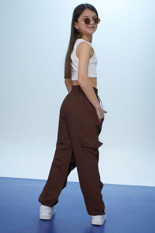 Kahverengi Şeritli Fermuarlı Kargo Cepli Kız Paraşüt Pantolon 18470