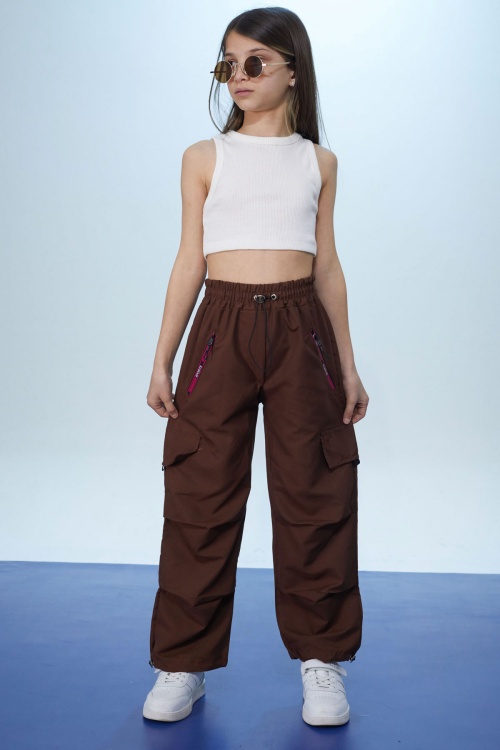 Kahverengi Şeritli Fermuarlı Kargo Cepli Kız Paraşüt Pantolon 18470