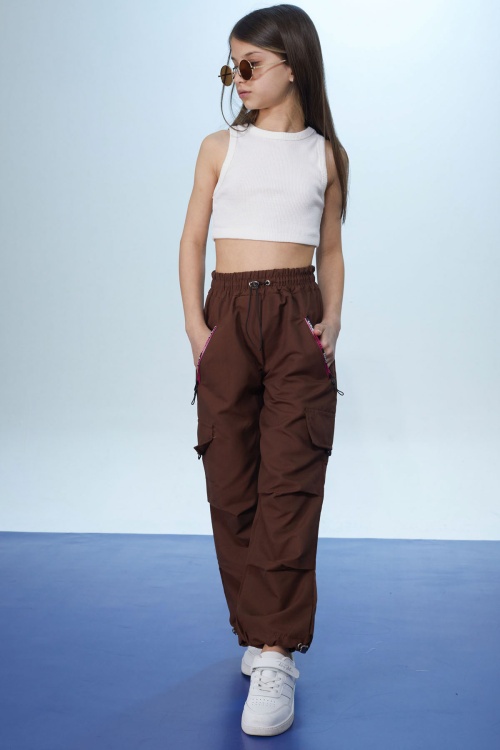 Kahverengi Şeritli Fermuarlı Kargo Cepli Kız Paraşüt Pantolon 18470