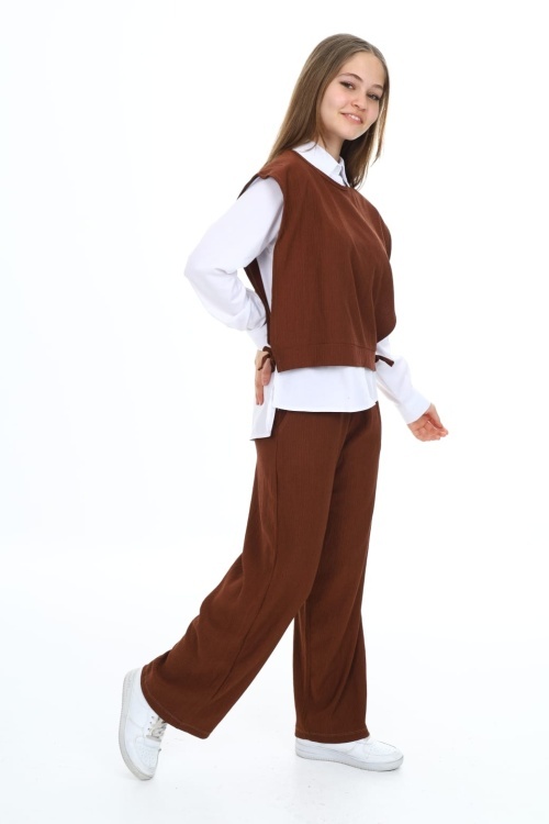 Kahverengi Yandan Bağlamalı Süveterli Gömlekli Kız Çocuk 3lü Takım 18492