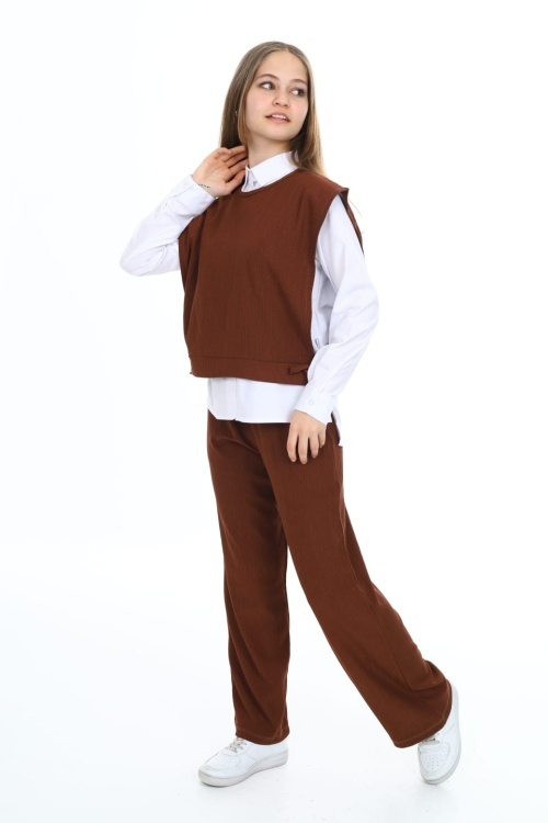 Kahverengi Yandan Bağlamalı Süveterli Gömlekli Kız Çocuk 3lü Takım 18492