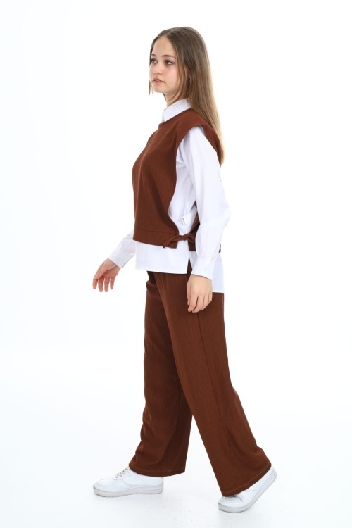 Kahverengi Yandan Bağlamalı Süveterli Gömlekli Kız Çocuk 3lü Takım 18492