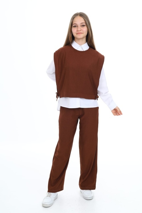 Kahverengi Yandan Bağlamalı Süveterli Gömlekli Kız Çocuk 3lü Takım 18492