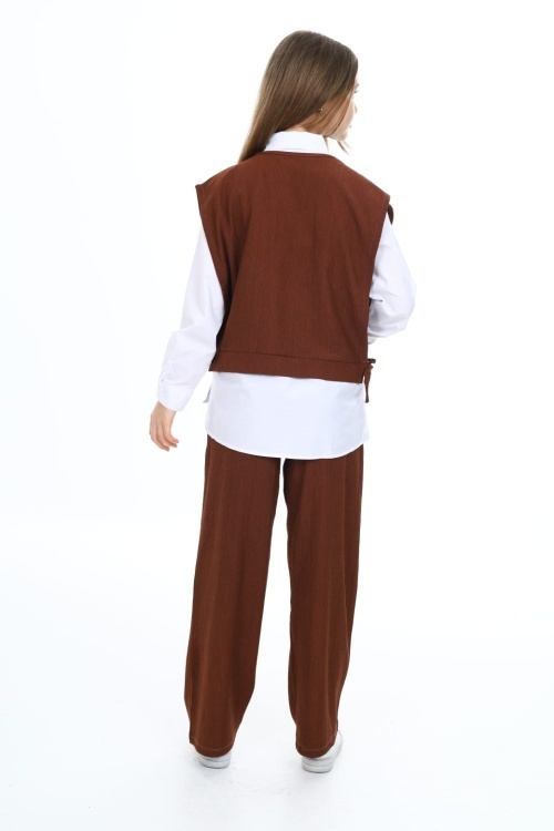 Kahverengi Yandan Bağlamalı Süveterli Gömlekli Kız Çocuk 3lü Takım 18492