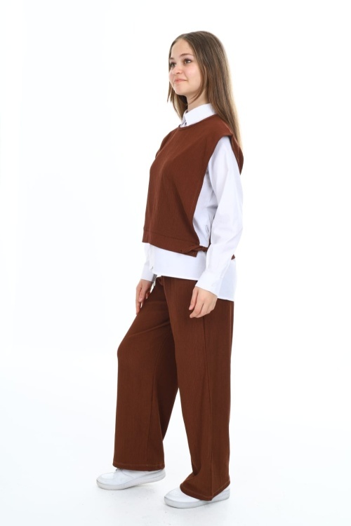 Kahverengi Yandan Bağlamalı Süveterli Gömlekli Kız Çocuk 3lü Takım 18492