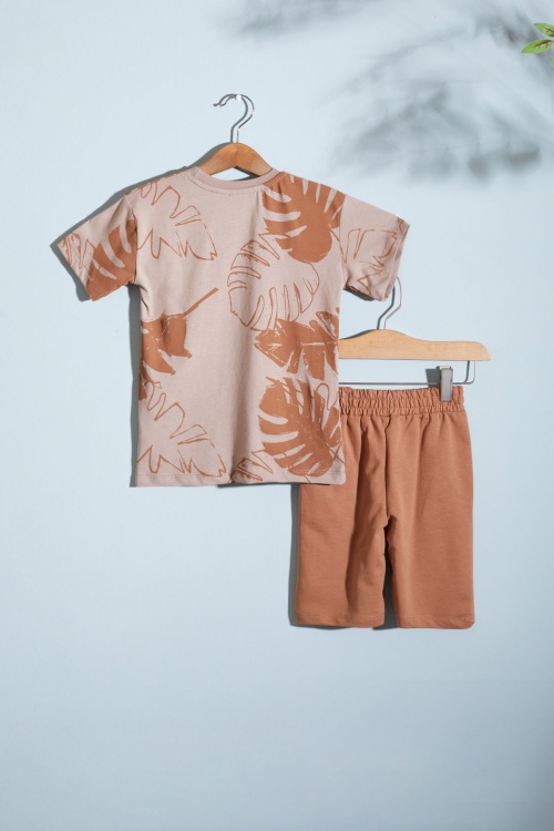 Kahverengi Yaprak Baskılı Erkek Çocuk Şortlu Takım 18531