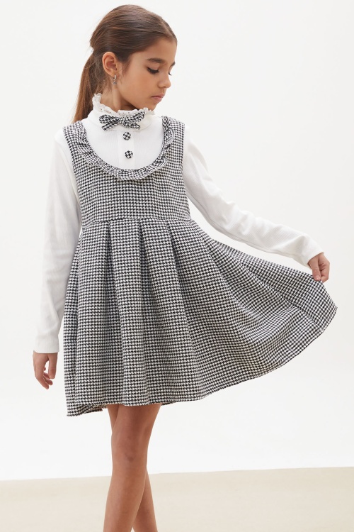 Kazayağı Desenli Uzun Kollu Badili Kız Çocuk Elbise 17933