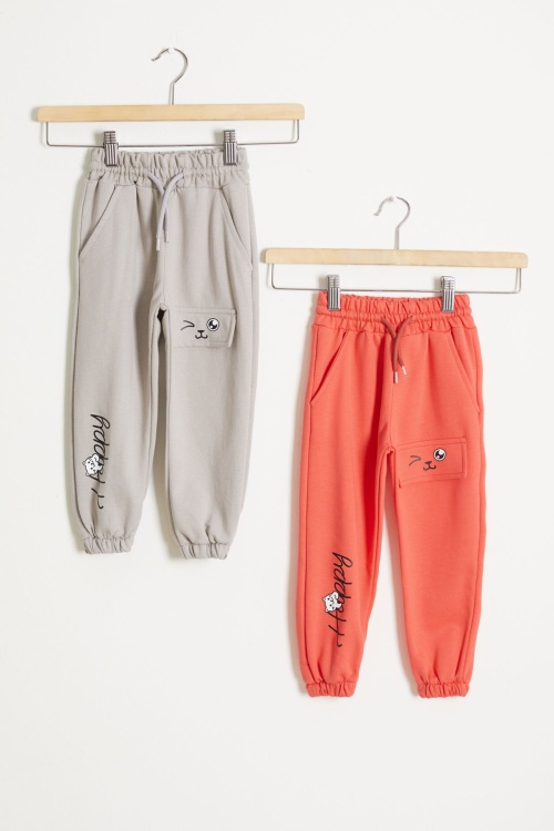 Kedi Baskılı Lastikli Paça Kız Çocuk 2li Eşofman Altı Bej-Turuncu 18378