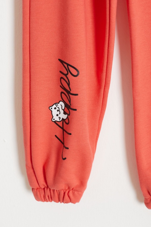 Kedi Baskılı Lastikli Paça Kız Çocuk 2li Eşofman Altı Bej-Turuncu 18378