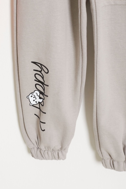 Kedi Baskılı Lastikli Paça Kız Çocuk 2li Eşofman Altı Bej-Turuncu 18378