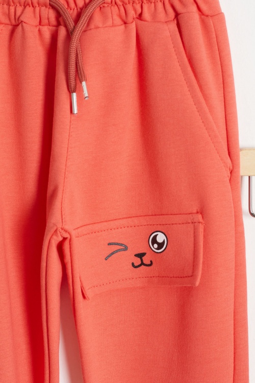 Kedi Baskılı Lastikli Paça Kız Çocuk 2li Eşofman Altı Bej-Turuncu 18378